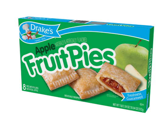 A green box of Drake’s Apple Fruit Pies featuring a green apple and images of three pastry pies.