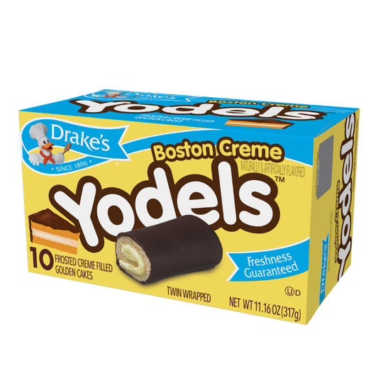 A box of Drake's Boston Creme Yodels featuring 10 frosted, cream-filled golden cakes with chocolate coating.
