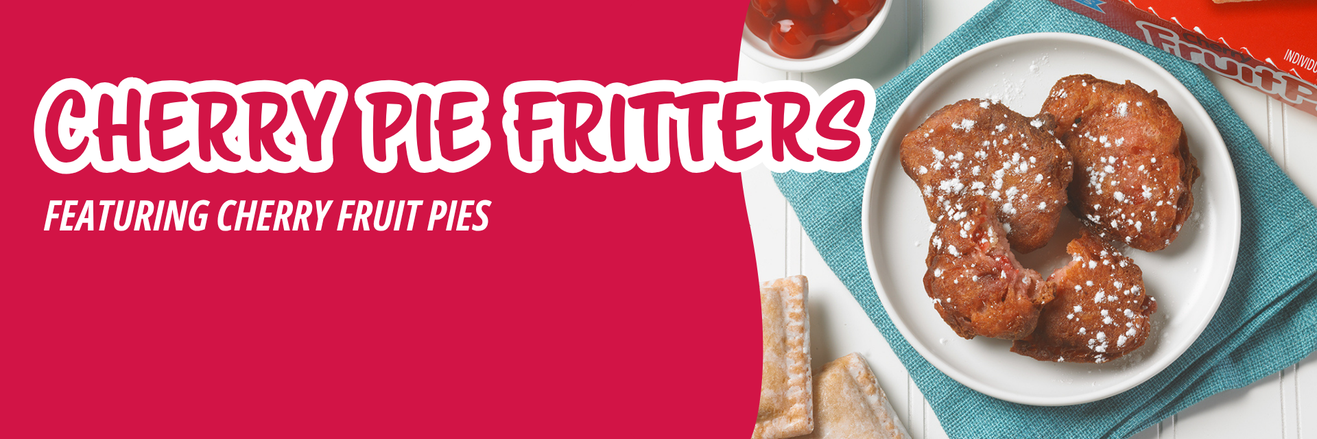 Green banner promoting fried apple pastries topped with nuts and caramel sauce, served on a plate with a scoop of vanilla ice cream with text reading caramel & apple pie a la mode featuring apple fruit pies