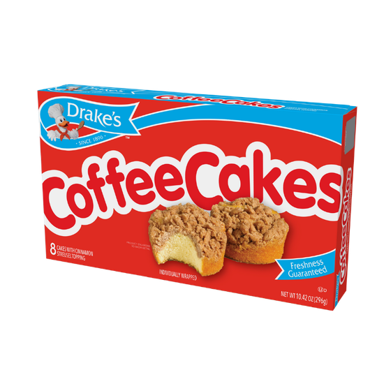 A box of Drake’s Coffee Cakes featuring a red background, a blue header with the brand logo, and two crumb-topped cakes.