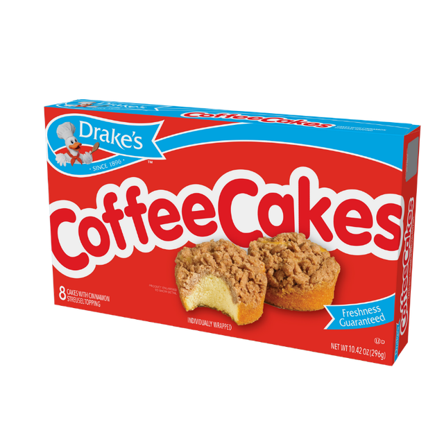 A box of Drake’s Coffee Cakes featuring a red background, a blue header with the brand logo, and two crumb-topped cakes.