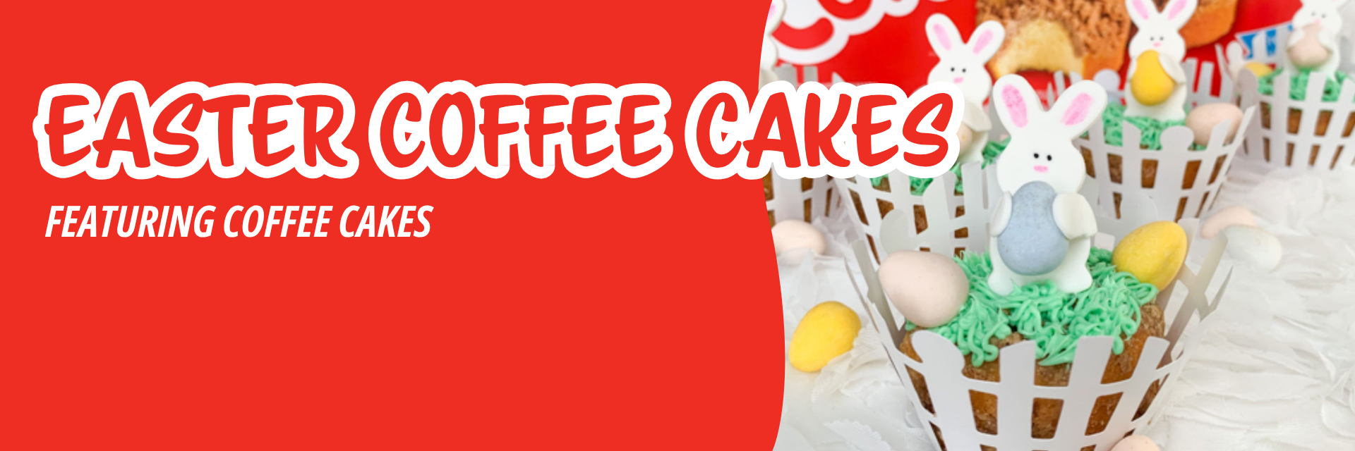 Red banner promoting Easter cupcakes decorated with green frosting 