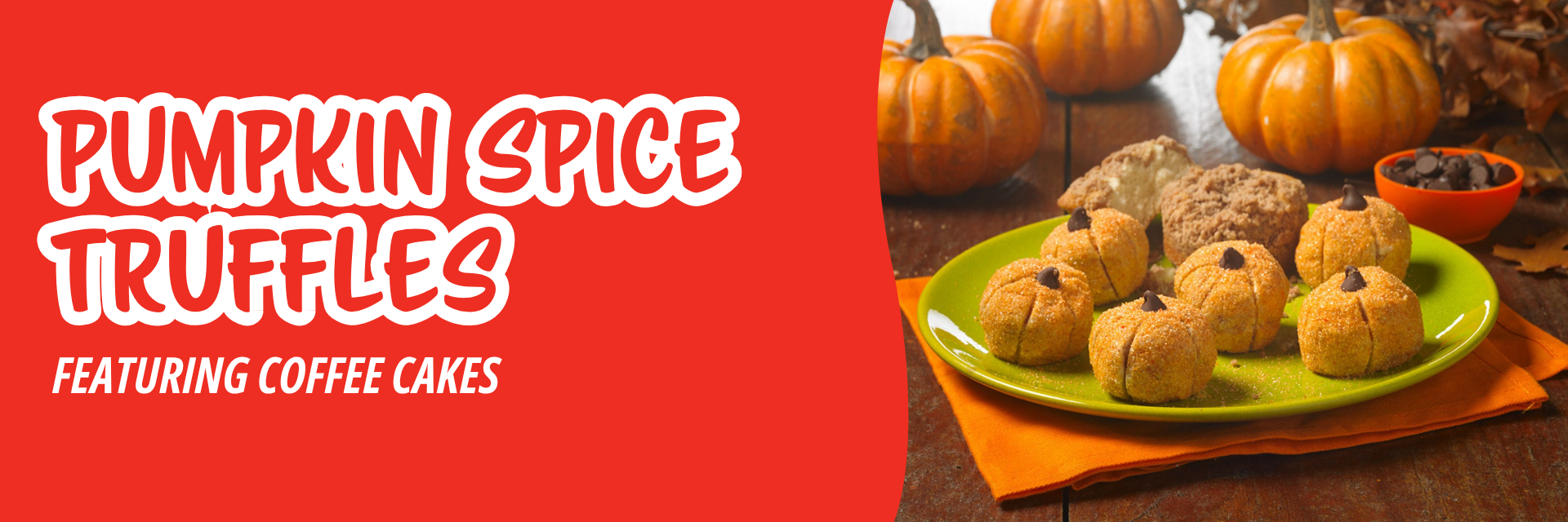 Red banner promoting a lime green plate holding pumpkin-shaped cookies with chocolate chip stems, set on a wooden table with fall pumpkins.