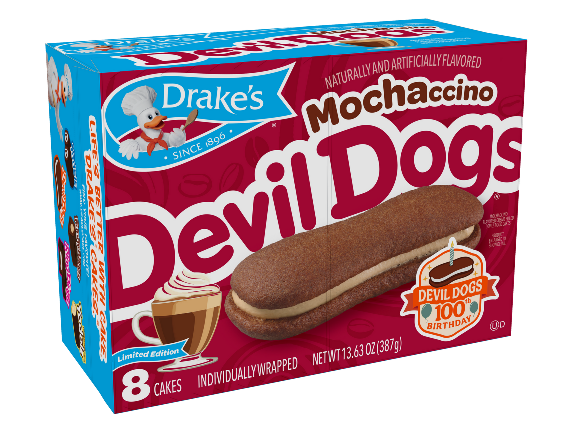 A box of Drake's Mochaccino Devil Dogs snack cakes featuring the product name in large red letters