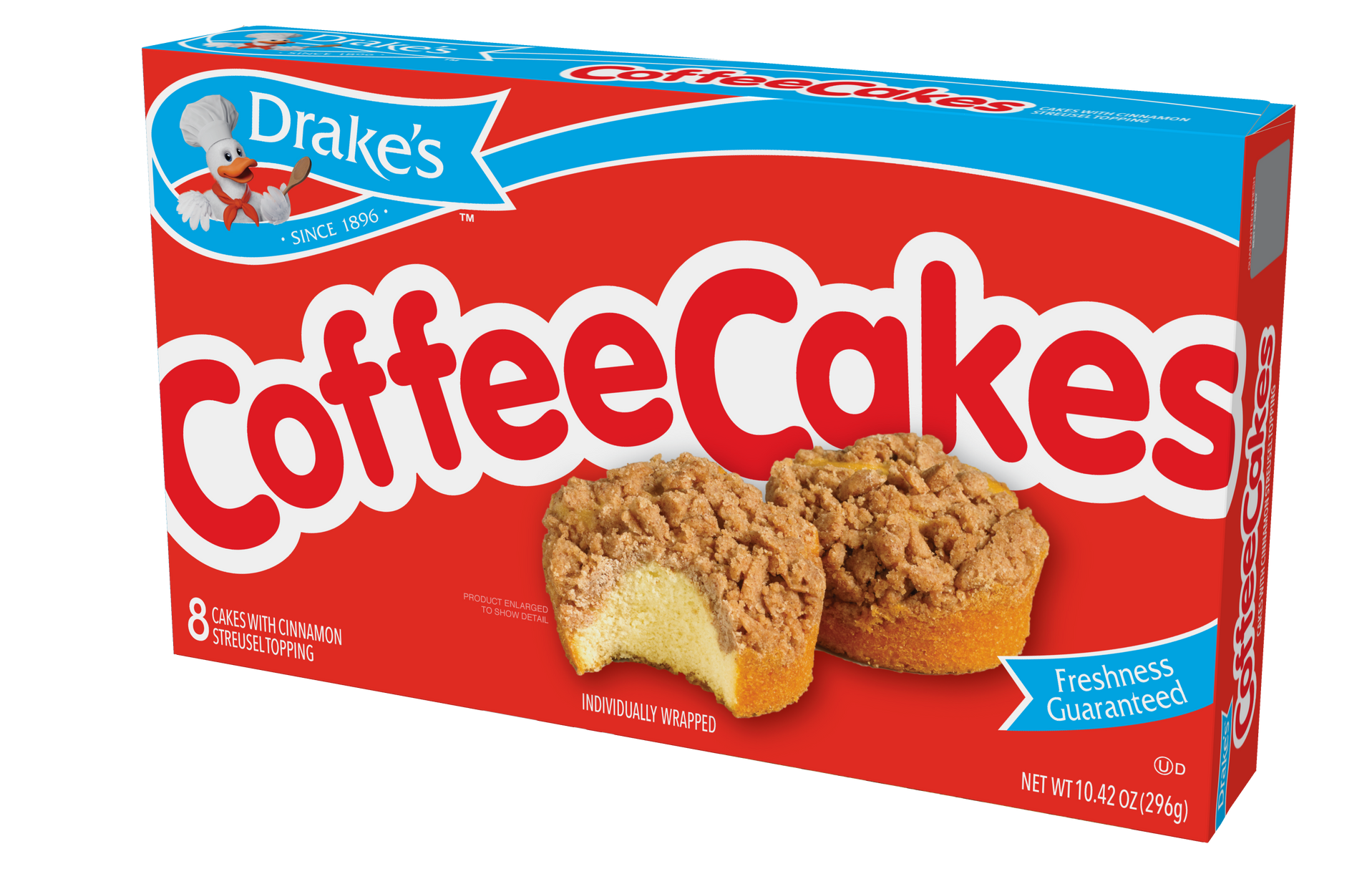 A box of drake 's coffee cakes with a bite taken out of one of them.