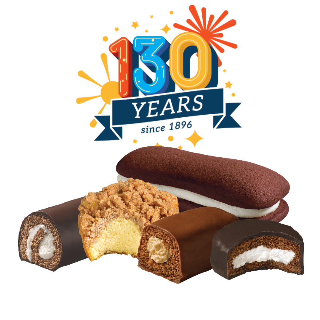 130 years logo featuring since 1896 and devil dogs, coffee cakes, funny bones and yodels
