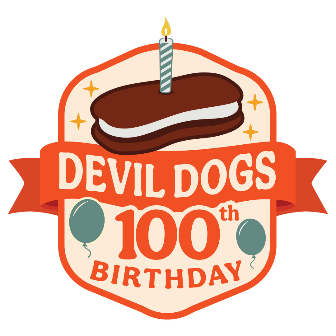 logo image of devil dogs 100th anniversary featuring a candle in a devil dog doodle