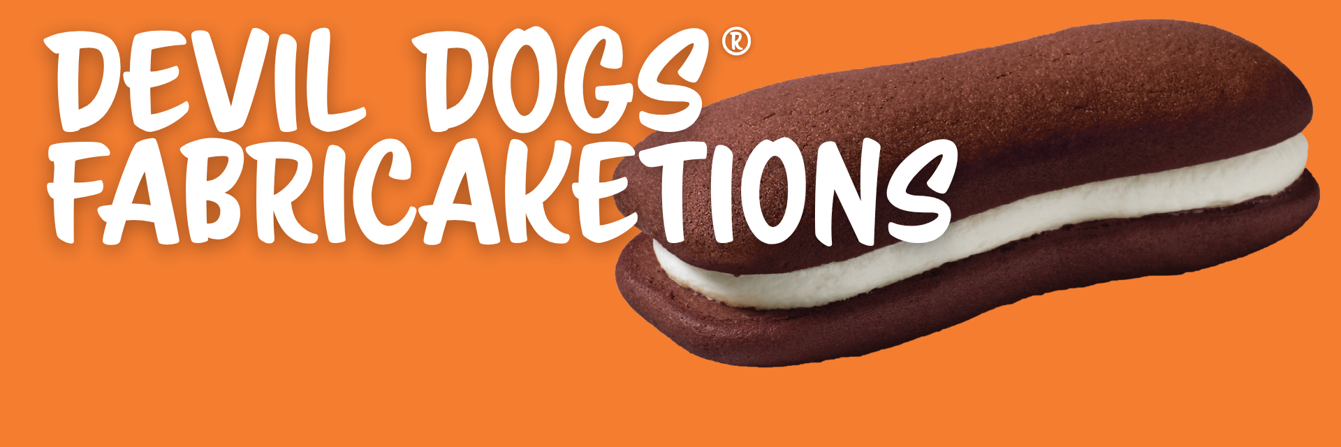 A chocolate cream-filled snack cake on an orange background with the text 