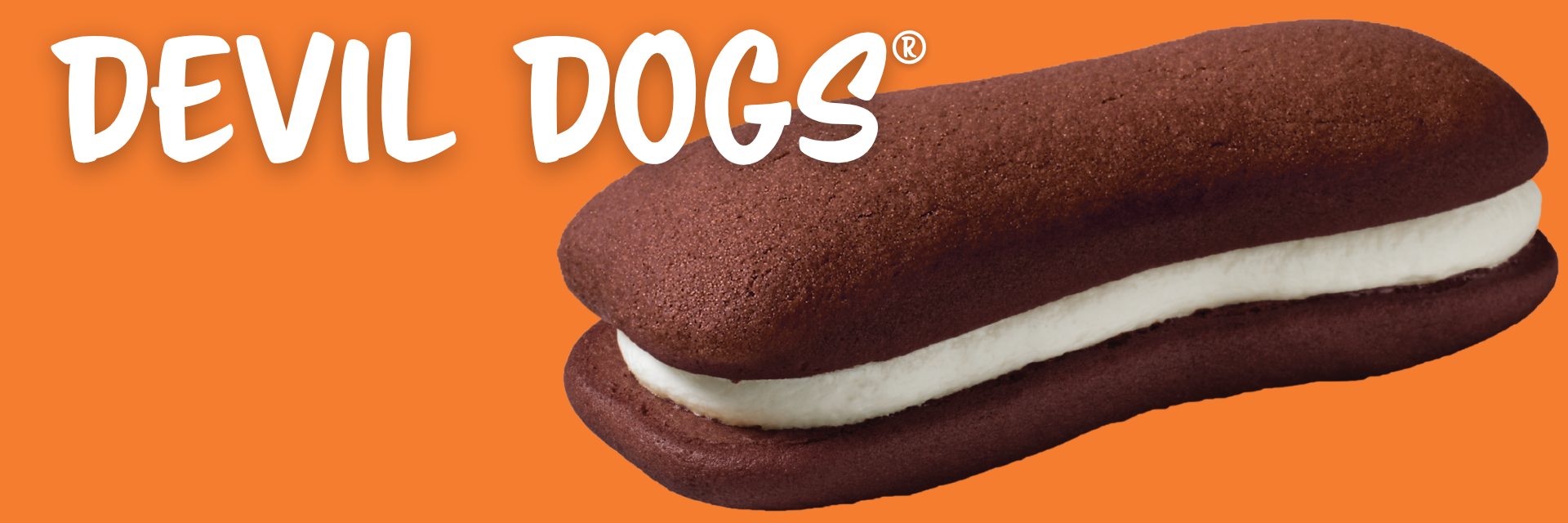 one devil dogs cake on an orange banner with text reading devil dogs®