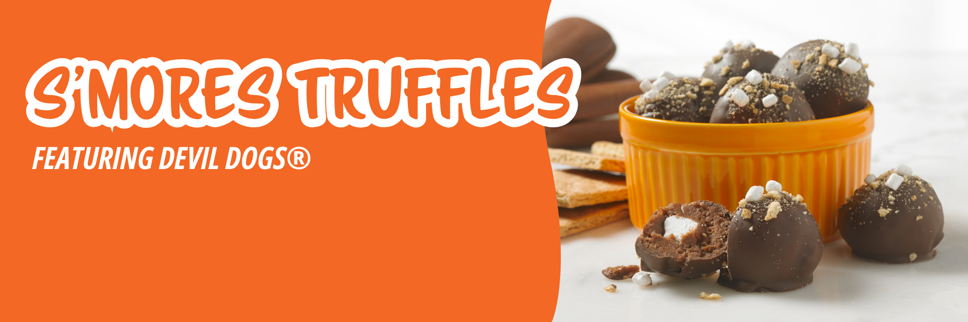 Orange banner promoting chocolate-covered s'mores truffles with marshmallow bits and graham cracker crumbs in an orange ramekin on a white table.