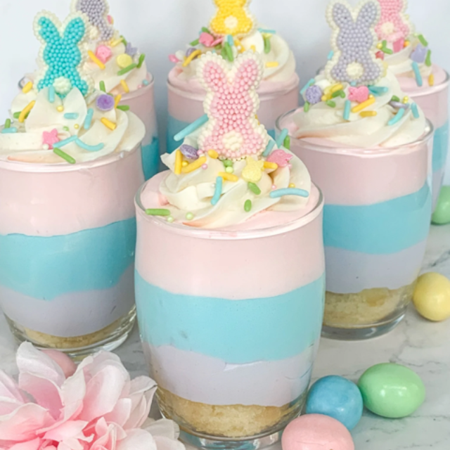 mini pound cakes layered with flavored gelatin for an easter parfait