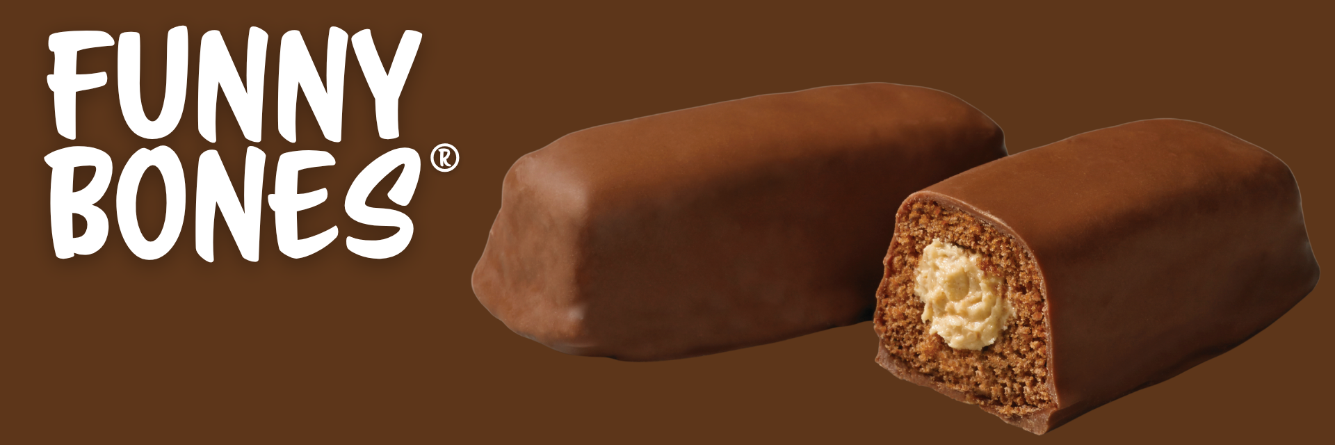 Two chocolate-coated snack cakes, one whole and one halved to reveal a peanut butter center, against a brown background.