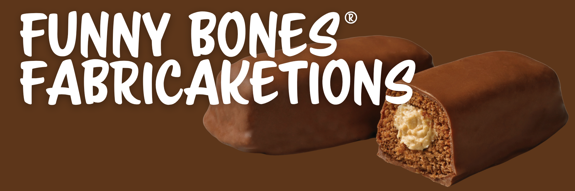 Two chocolate-covered snack cakes with cream filling against a brown background, with the text 