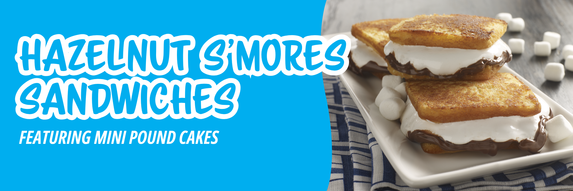 Blue banner promoting a hand holding a toasted s'more sandwich filled with melted chocolate and marshmallow, served on a white platter.