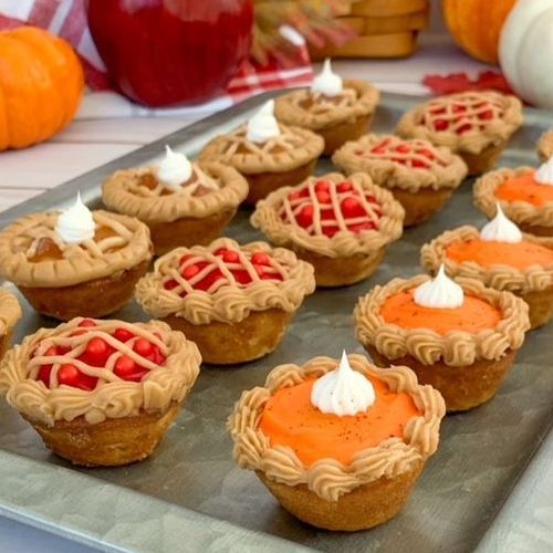 Pound Cake Mini Cake Bites topped with apple, cherry and pumpkin pie toppings