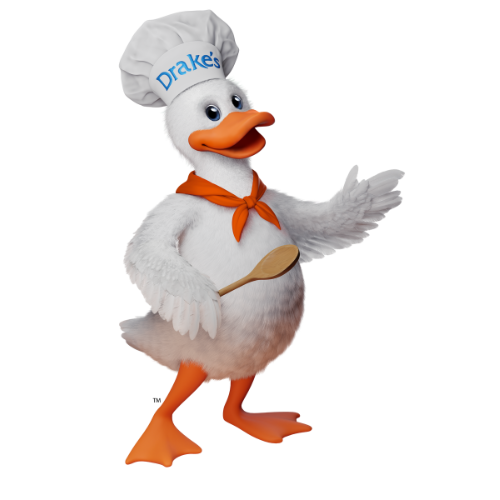 A duck wearing a chef 's hat with drake 's written on it