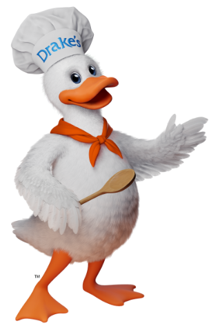 Webster the duck wearing a chef 's hat and holding a wooden spoon