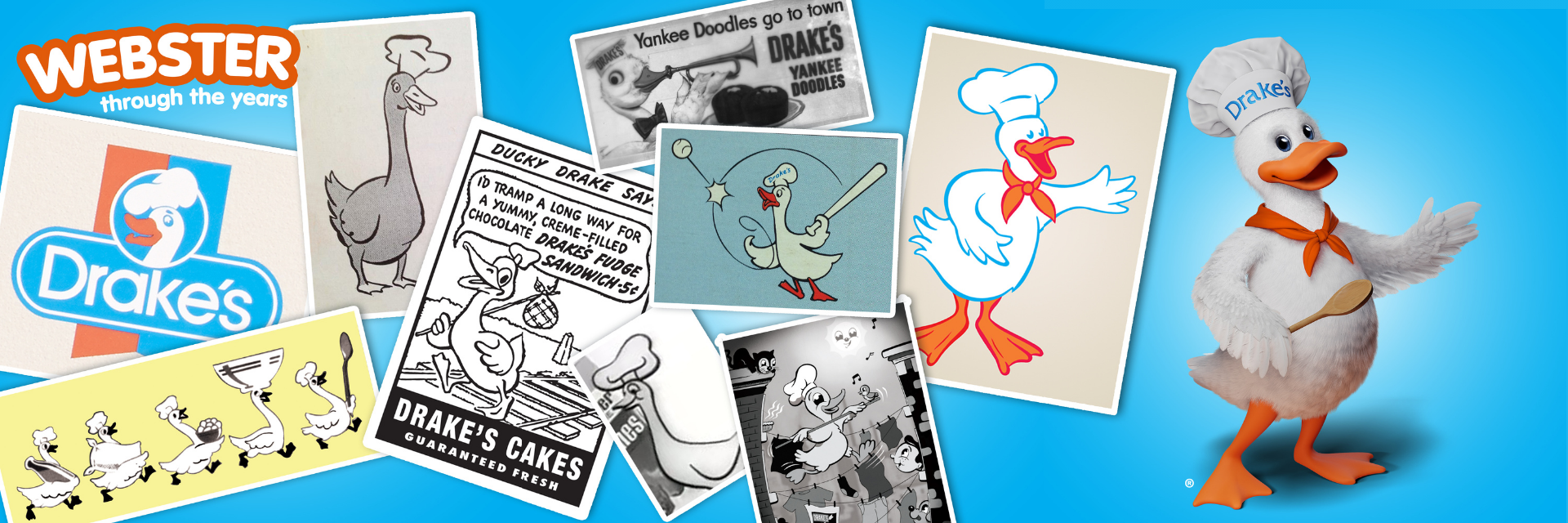 blue banner showing a variety of webster the drake's duck mascot through the years