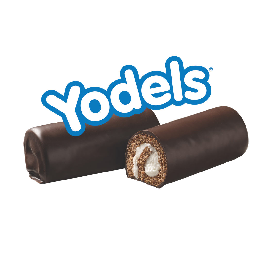 Two yodels chocolate rolls are sitting next to each other on a white background.