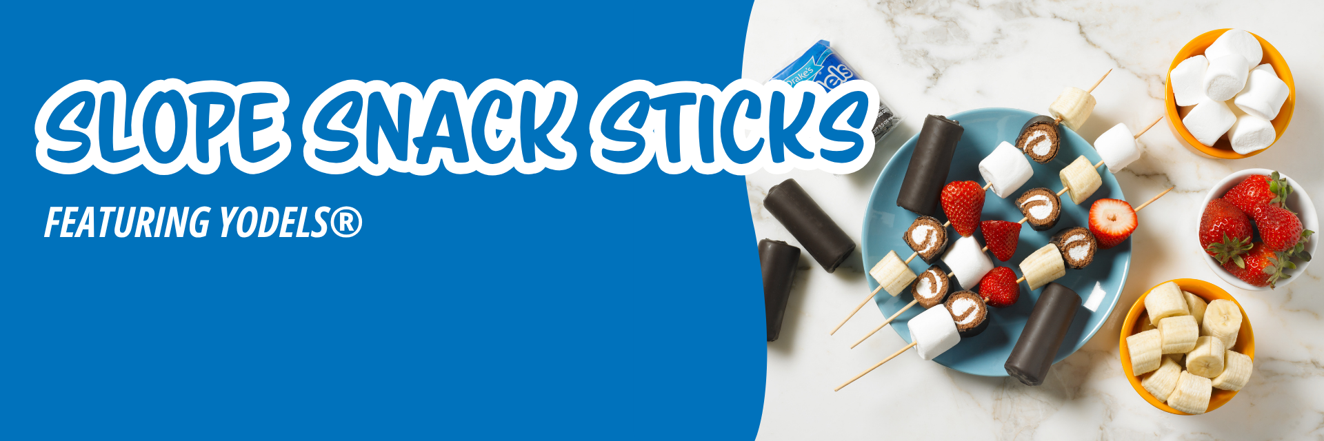 Blue banner promoting yodels that have been crumbled into truffles with chocolate icing on a blue background