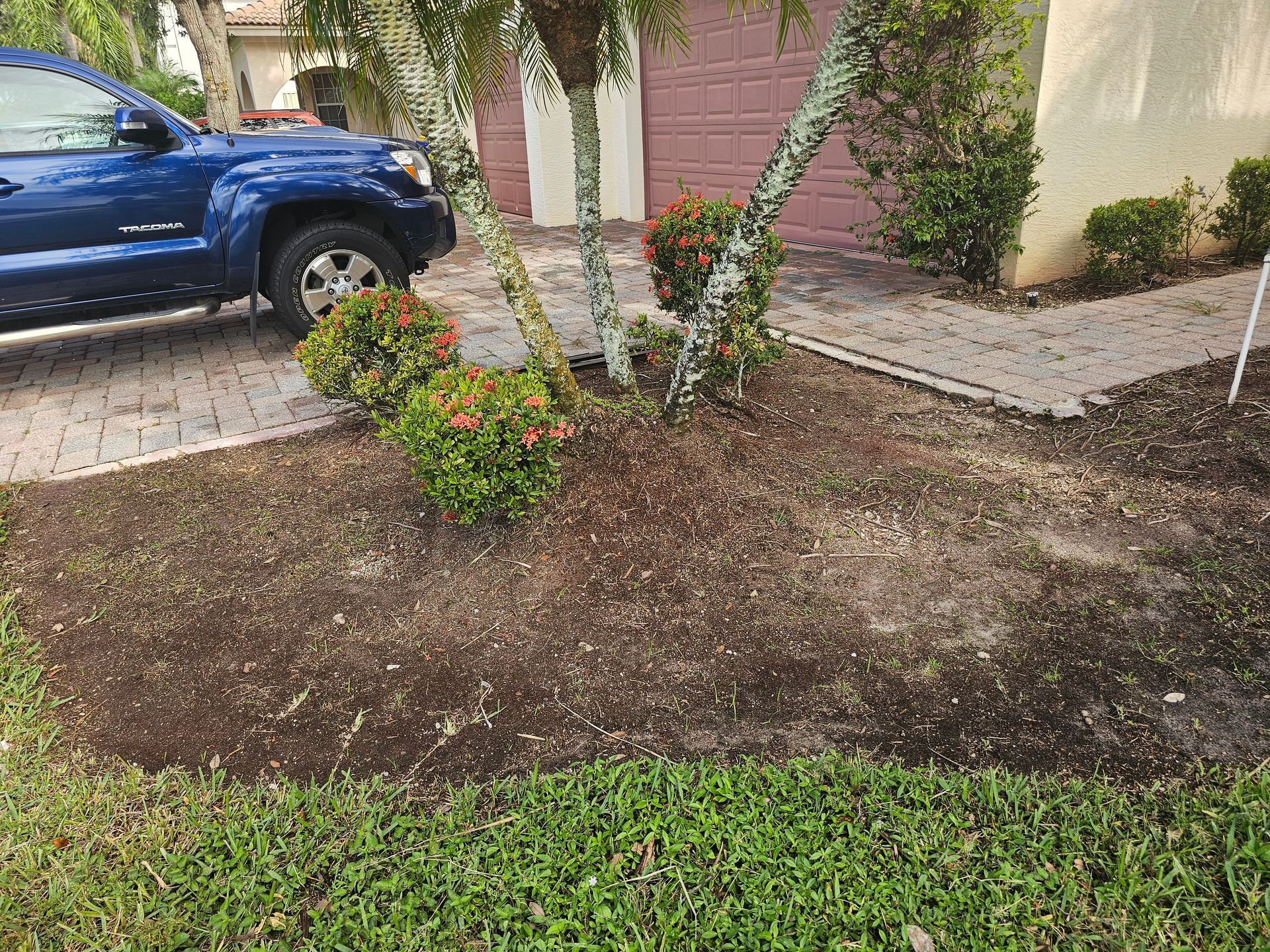 A blue truck is parked in front of a house.