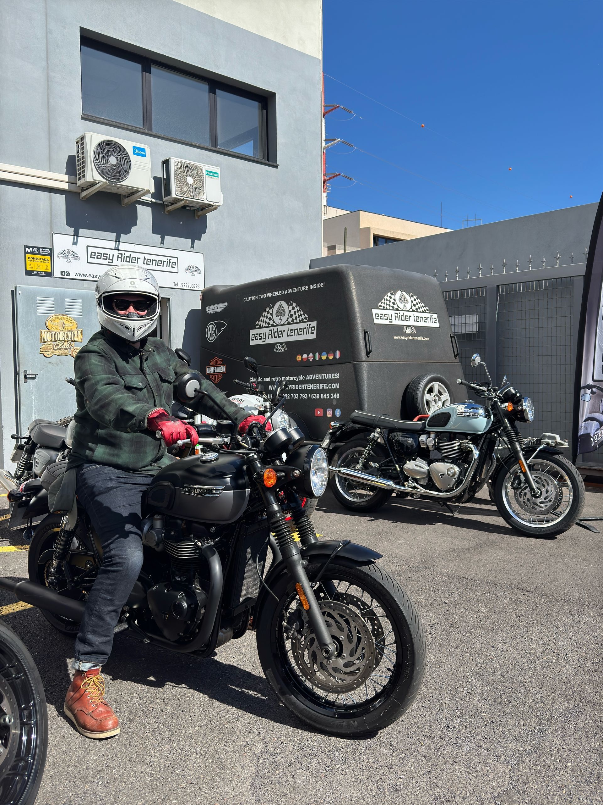 A man is sitting on a motorcycle in front of a building.