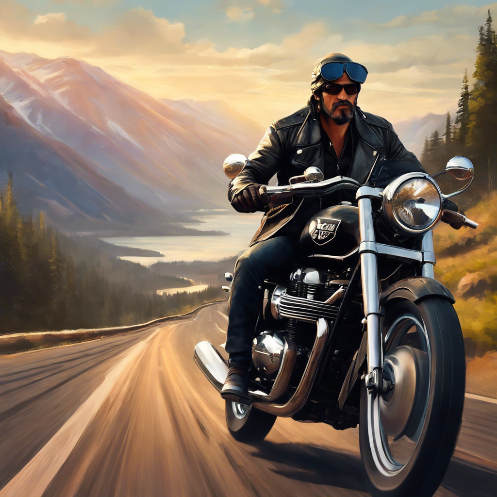 A man is riding a motorcycle down a road with mountains in the background