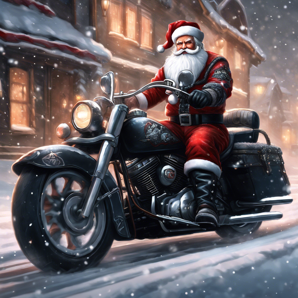 Santa claus is riding a motorcycle in the snow