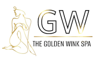 The logo for the golden wink spa shows a woman 's eyes with long eyelashes.