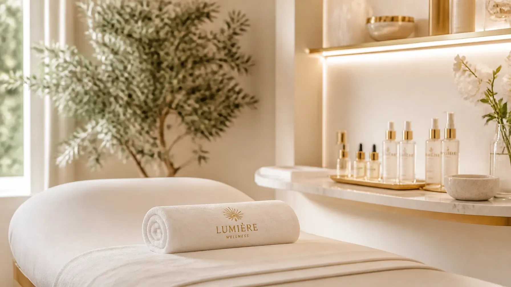 Modern, serene treatment suite at The Golden Wink Spa with gold accents and a relaxing vibe.