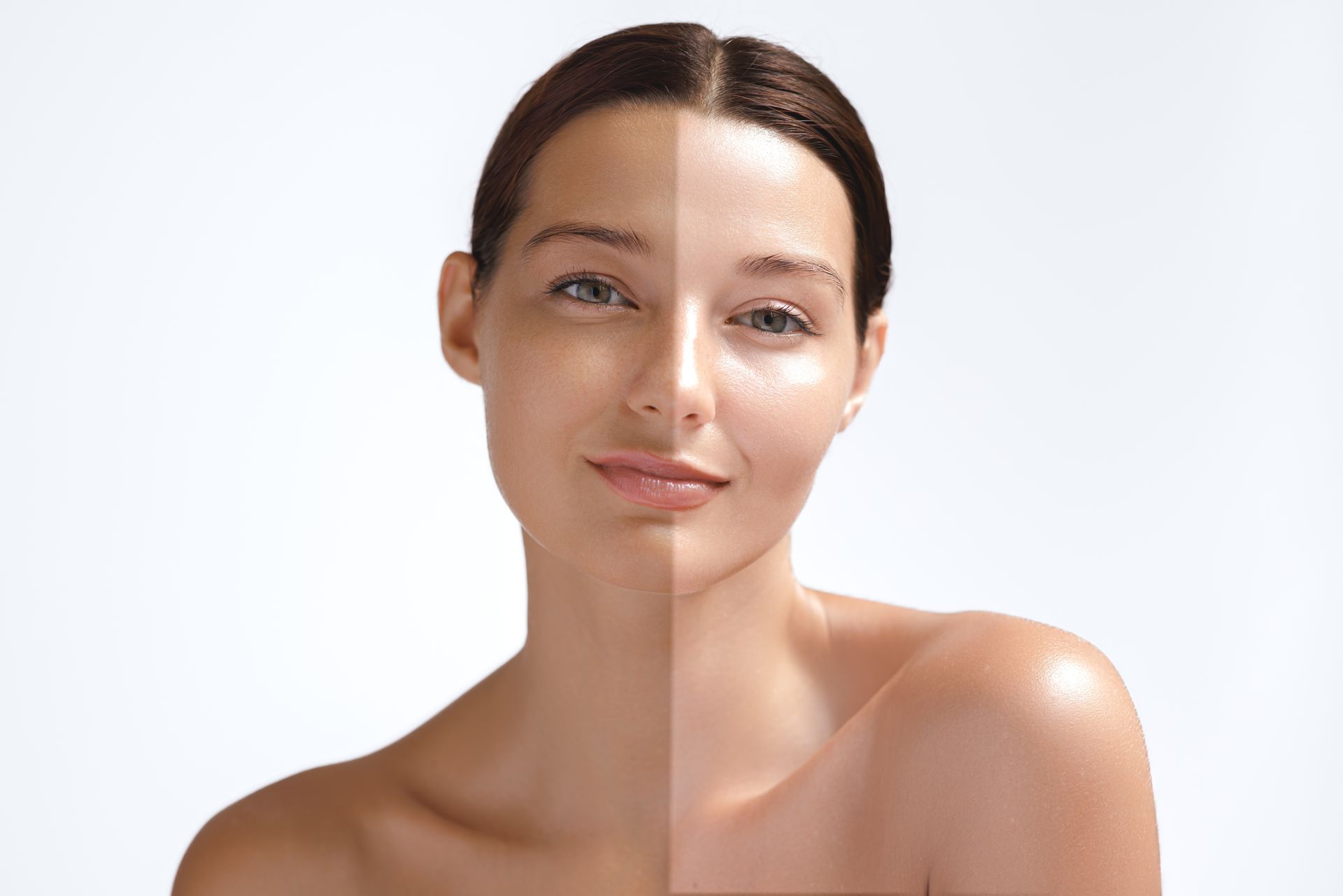 A woman 's face is shown before and after a tan.