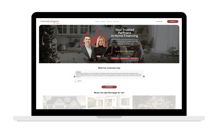 Laptop showing a website with a header photo of two people, with text about real estate and a form below.