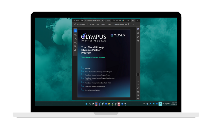 Laptop displaying Olympus software document on a teal-colored background.