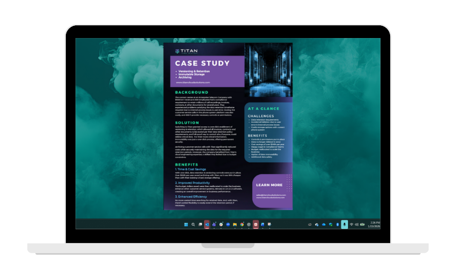 Laptop displaying a purple and teal case study document with dark text on a gradient background.