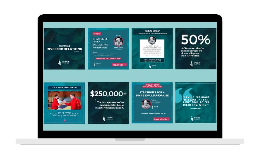 Laptop screen displaying eight social media graphics with text and logo, teal and white colors.