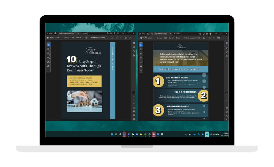 Laptop screen displays a design layout with the title,