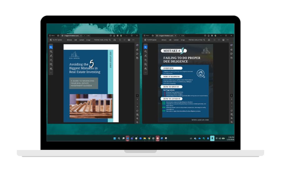 Laptop screen displaying two design layouts: a brochure cover and an inside page, both with dark blue backgrounds and text.