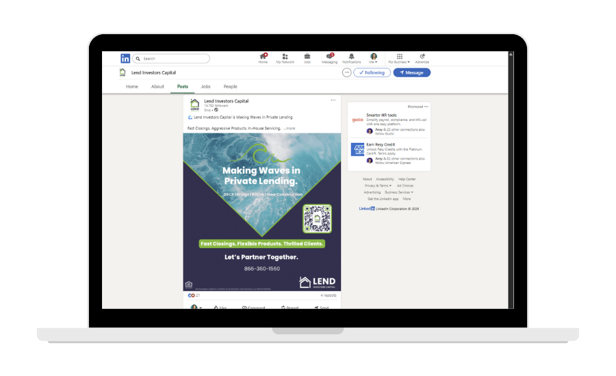Laptop showing a social media post with a blue and green graphic, a QR code, and a