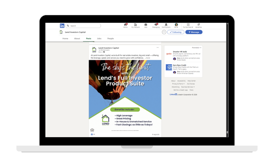 Laptop screen displaying a Facebook post: ad for a real estate investor product suite with a hot air balloon graphic.