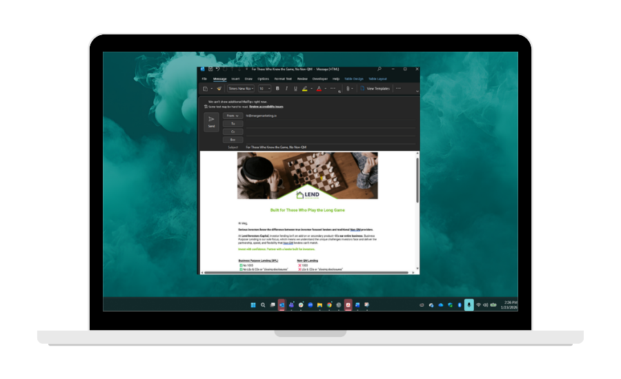 Laptop showing an email with a chess-themed image and text, against a green background.