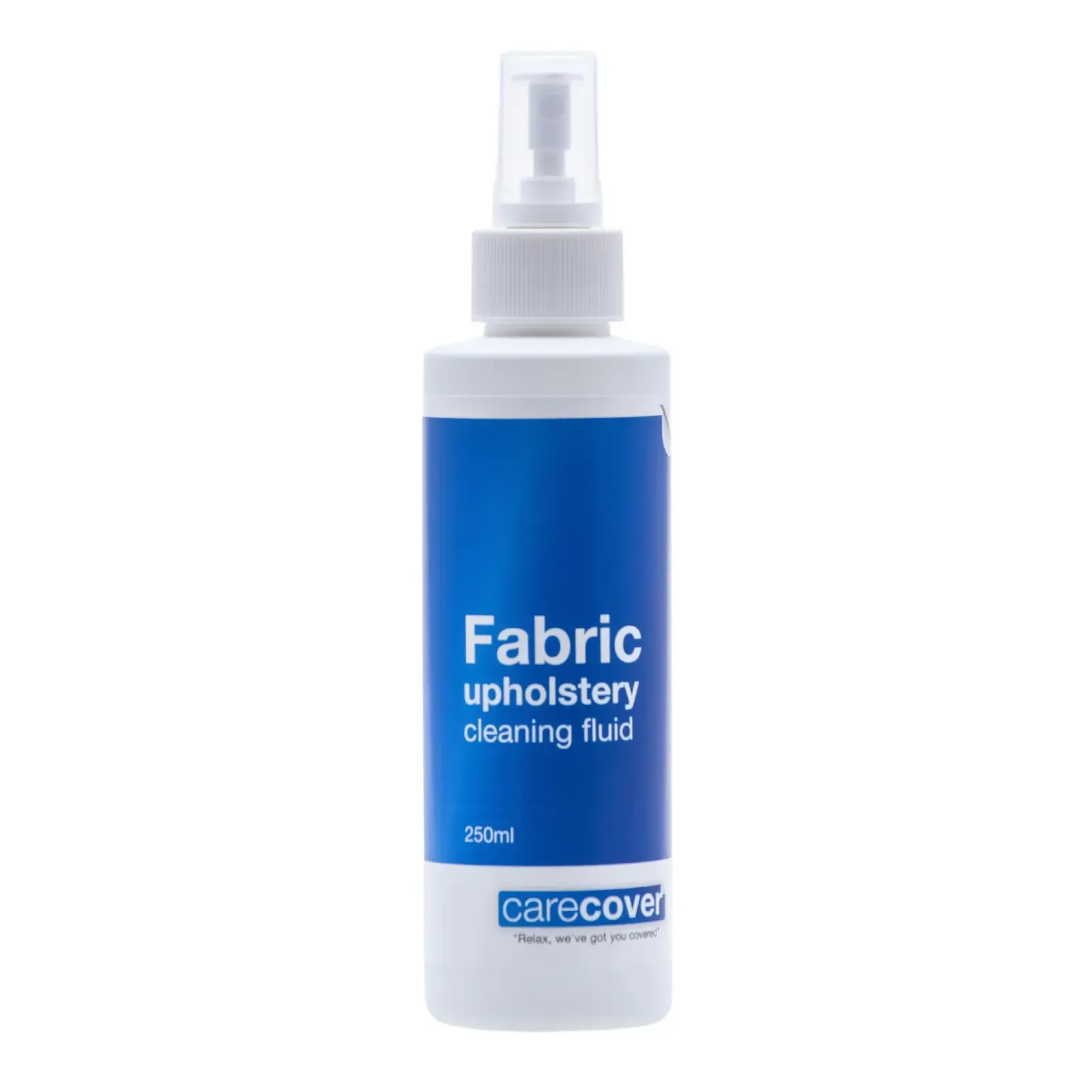 A blue and white bottle of fabric upholstery cleaning fluid  — Envisage Furniture in Kialla, VIC
