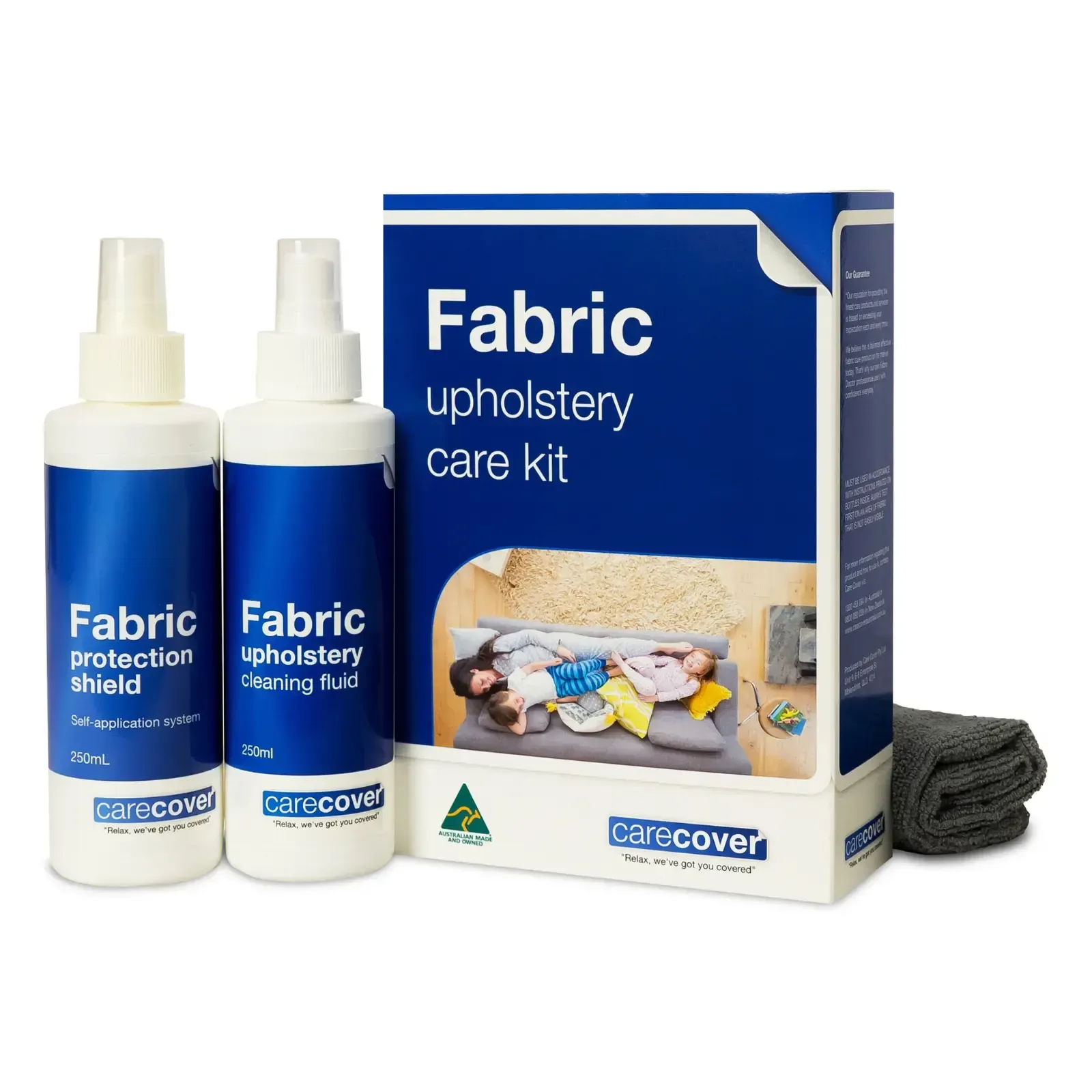 A fabric upholstery care kit with two spray bottles and a towel  — Envisage Furniture in Kialla, VIC