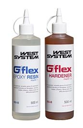 Two Bottles of Gflex Epoxy Resin and Hardener on a White Background — Envisage Furniture in Kialla, VIC