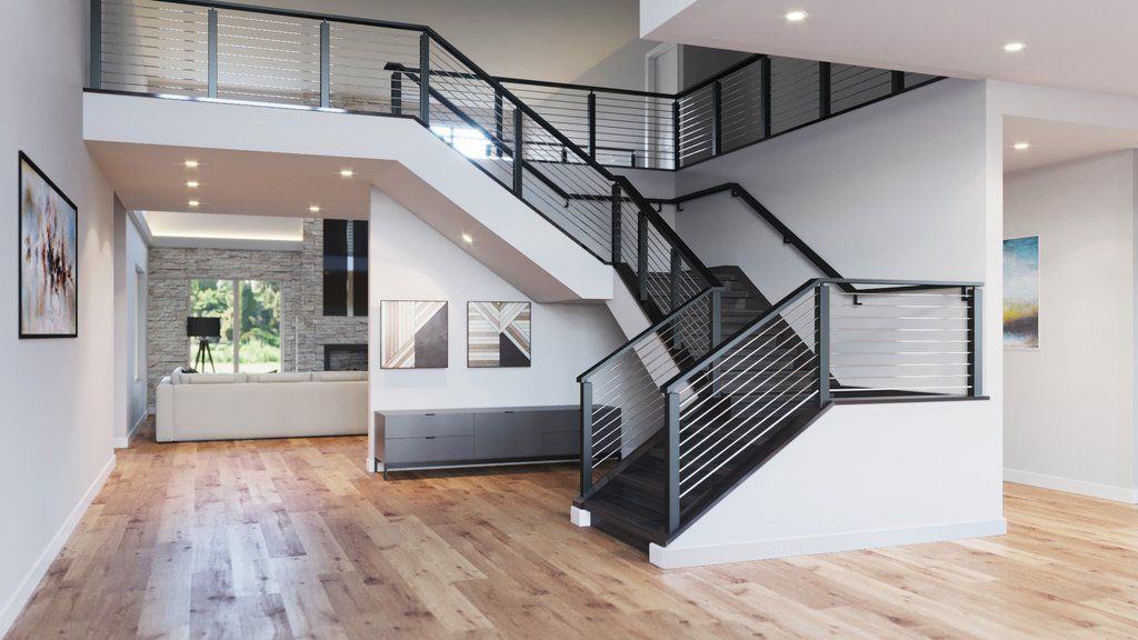 There is a staircase in the middle of the room.