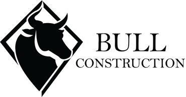 A black and white logo for bull construction with a bull in a square.