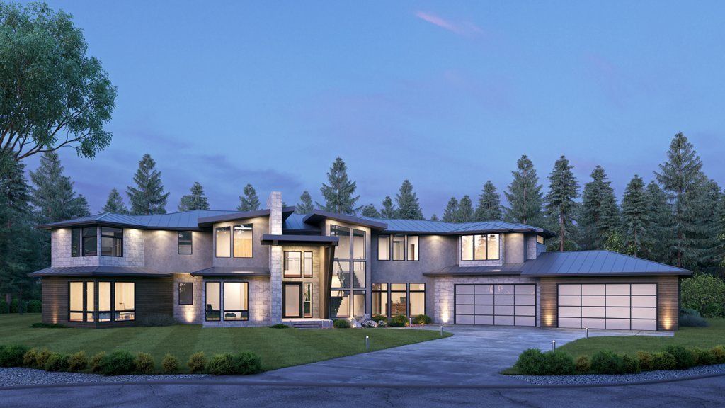 An artist 's impression of a large house with a lot of windows surrounded by trees.