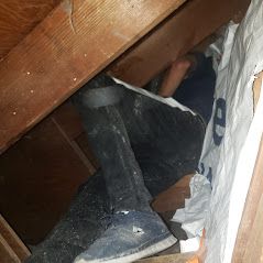 A person is laying under a wooden beam in a room.
