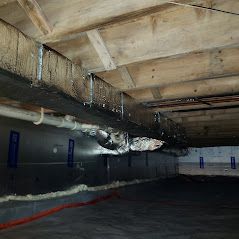 The ceiling of a basement with a lot of pipes coming out of it.