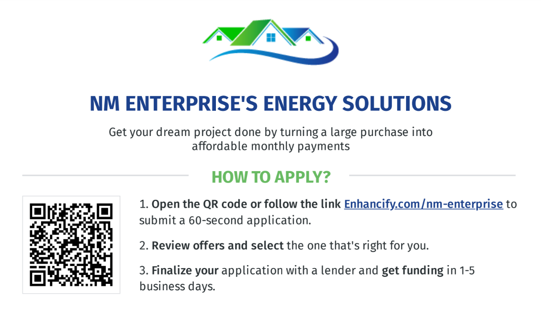 A flyer for nm enterprise 's energy solutions shows how to apply.