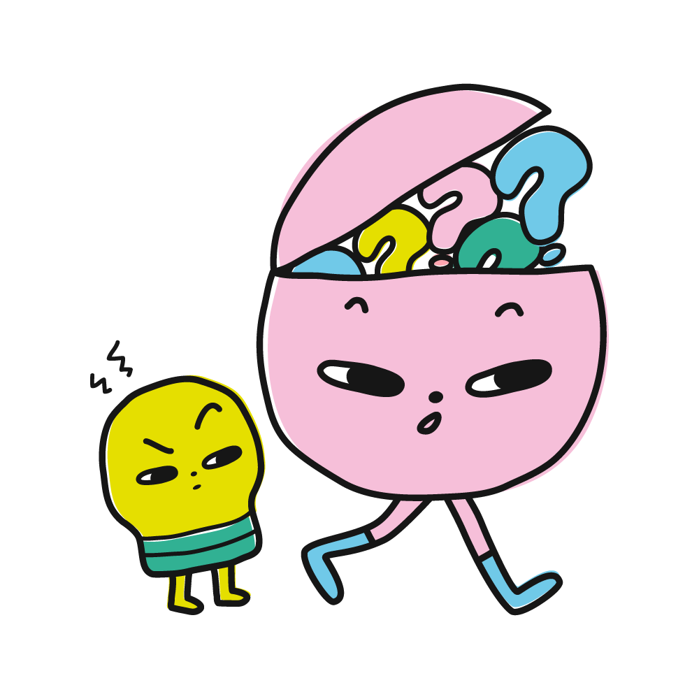 Pink cartoon character walking with a small yellow grumpy figure, question marks popping from its open head.